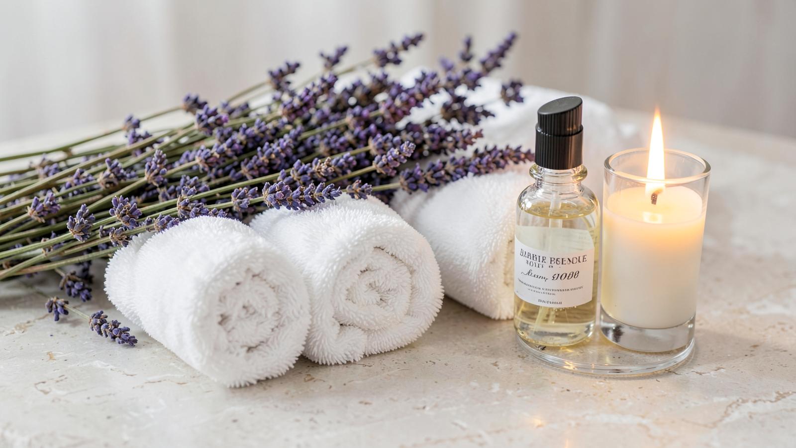 Κλαδιά λεβάντας, πετσέτες και αναμμένο κερί σε ήρεμο χώρο spa